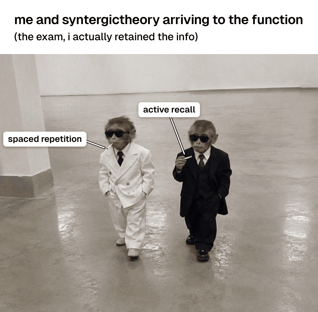Two monkeys in suits walking confidently, labeled spaced repetition and active recall, arriving at the exam.